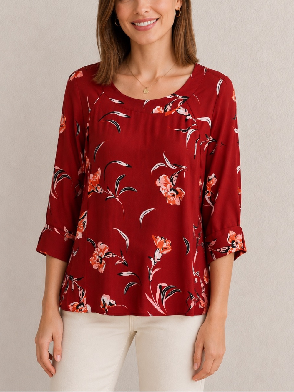 Daniel Rainn Red Floral Blouse 3/4 Sleeve Keyhole Back Lightweight Casual Top S